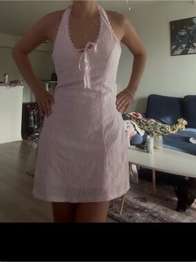 Scalloped Halter Eyelet Mini Dress in Light Pink